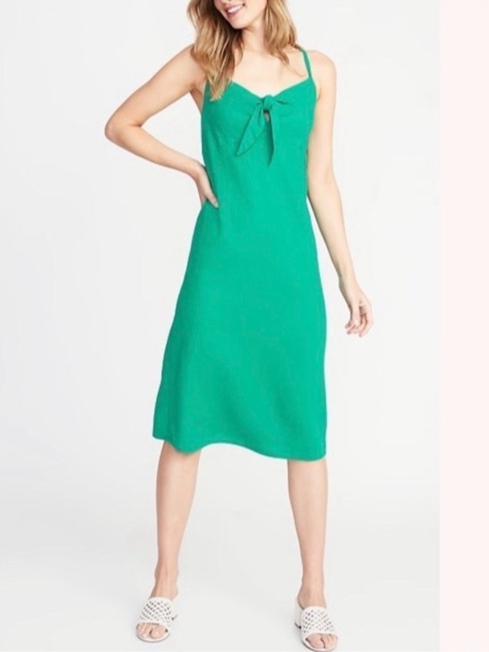 Old Navy Green Tie-Front Linen Blend Midi Dres